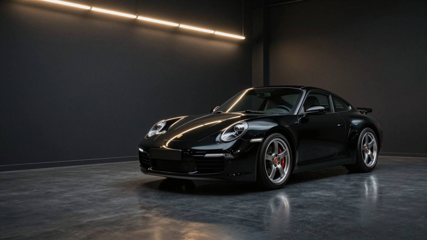 Μαύρη Porsche 911 κάτω από φως στούντιο, βαφή σαν καθρέφτης